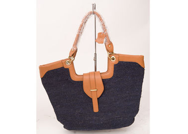 Navy Raffia Beach Bag / Raffia Straw Leather Trim Handbag For Ladies 37cm x 52cm