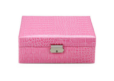 Full crocodile embossed leather 2 layer pink jewellery box for earrings , necklace