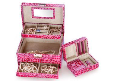 Trendy square plastic frame high abrasive PU leather jewellery box with flannelet lining and drawers