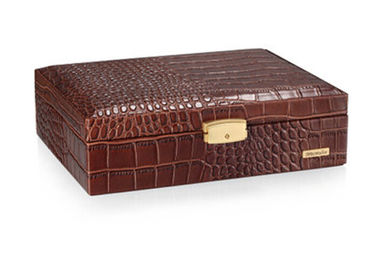 Brown Dermis material wooden interlayer watch and jewellery storage box with spring lock