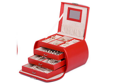 Customized Small Red PU leather jewellery storage box with mirror , necklace storage box