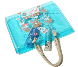 ECO friengdly fashion ladies blue PVC tote bag handbag with cotton rope